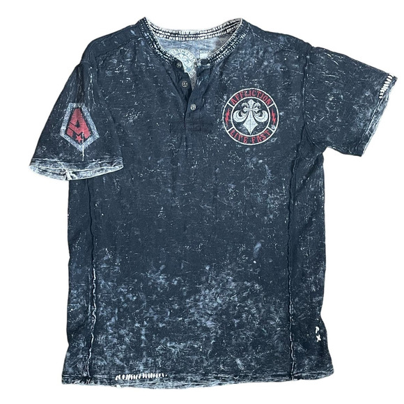 Affliction‎ Life Fast Men's T-Shirt Size M Buttons Embroidered Black Shirt Cross - Picture 1 of 12